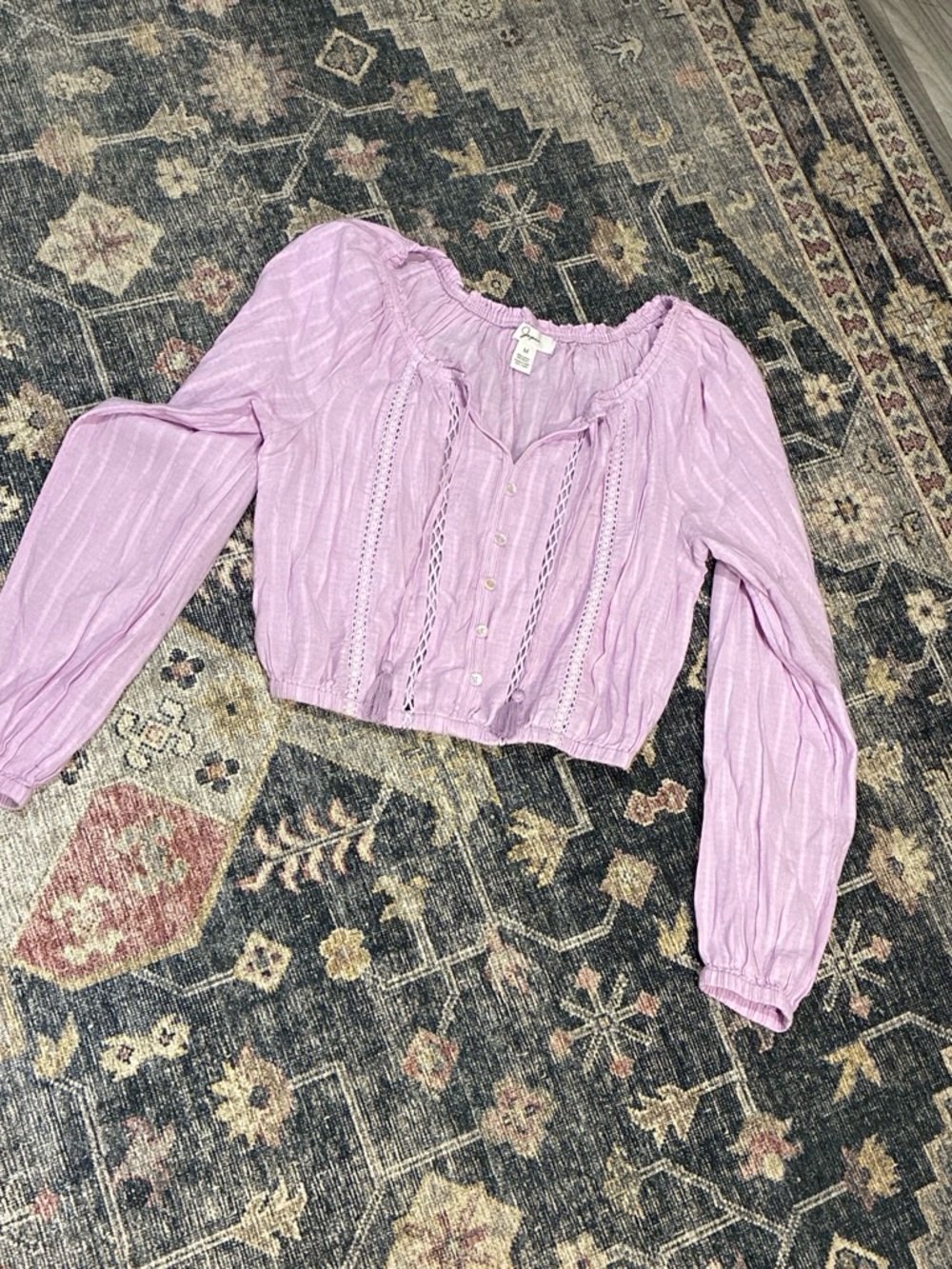Lace-Trim Lavender Button-Front Women’s Top